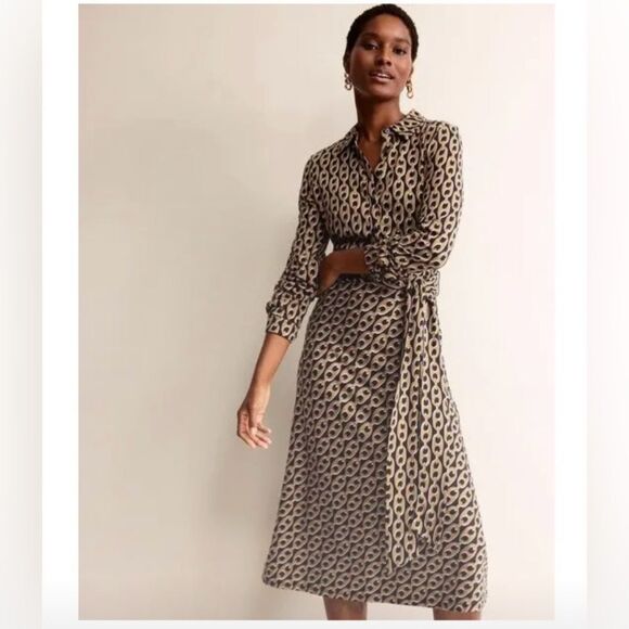 Boden Dresses & Skirts - Boden Laura Jersey Midi Shirt DressCamel Geo Chain Long Sleeve Sz 8